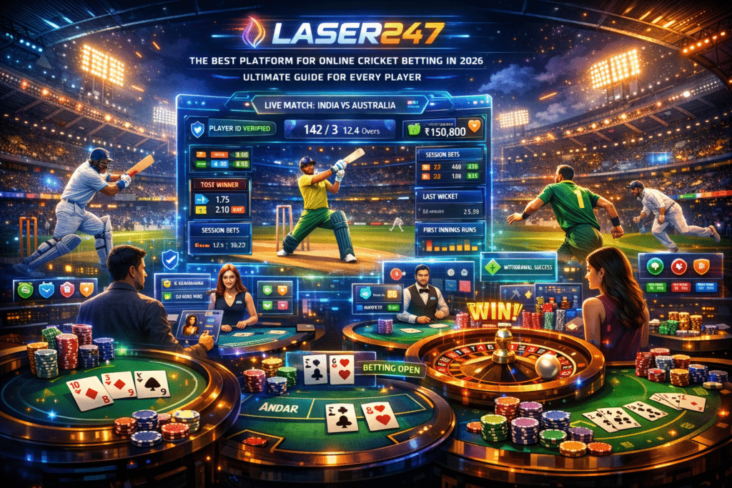 Laser247 online cricket betting platform 2026 showing live cricket match odds, betting dashboard, and secure betting features for players.