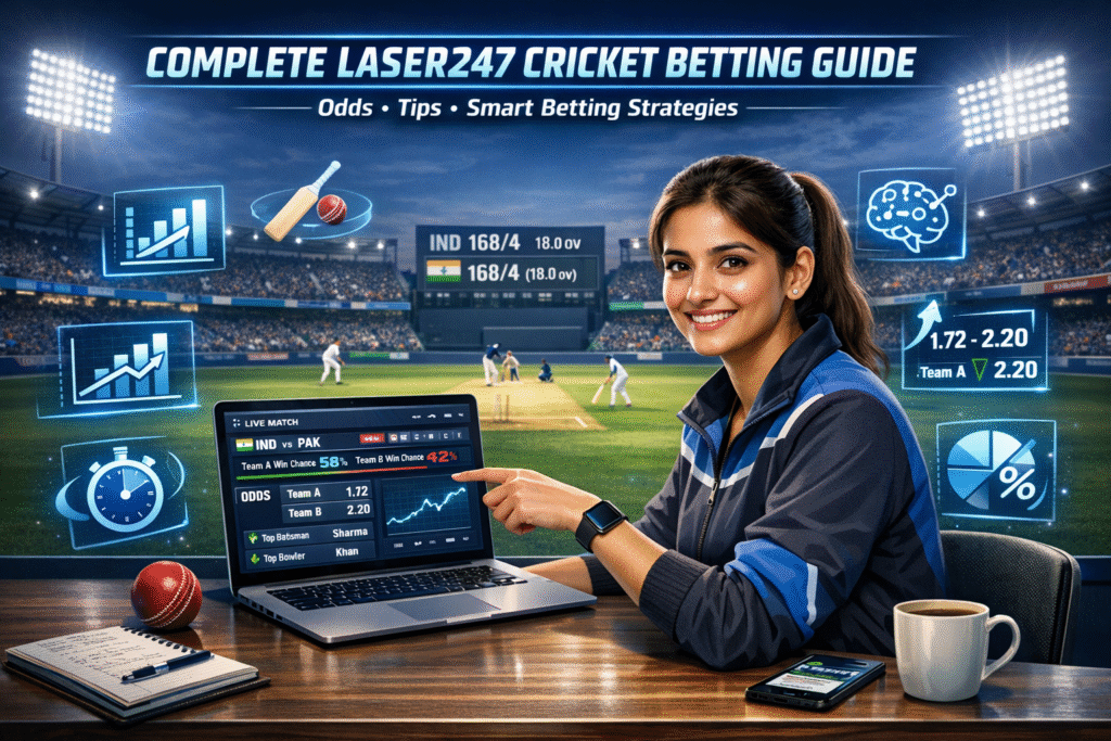 Laser247 cricket betting guide showing tips, odds, and strategies for smarter wins, featuring a cricket field, player, and betting insights.