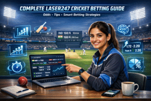 Laser247 cricket betting guide showing tips, odds, and strategies for smarter wins, featuring a cricket field, player, and betting insights.
