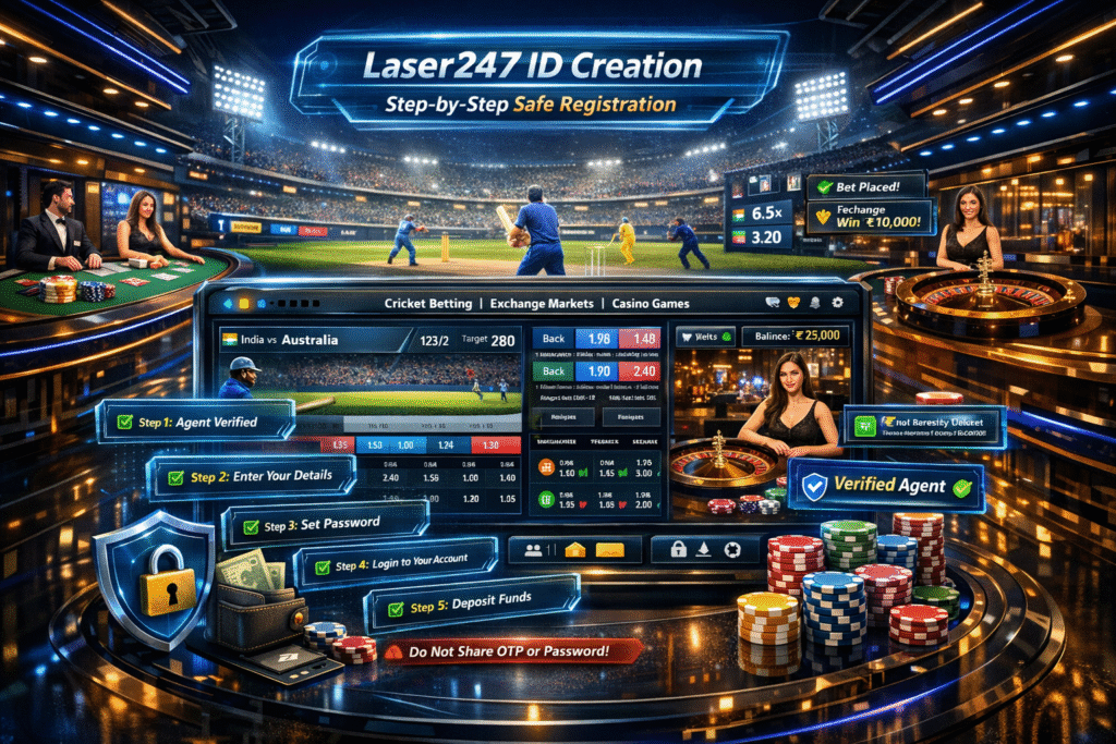 Illustration showing step-by-step process to get Laser247 ID instantly in 2026 with secure registration form, mobile verification, and dashboard access screen displayed on smartphone and laptop.