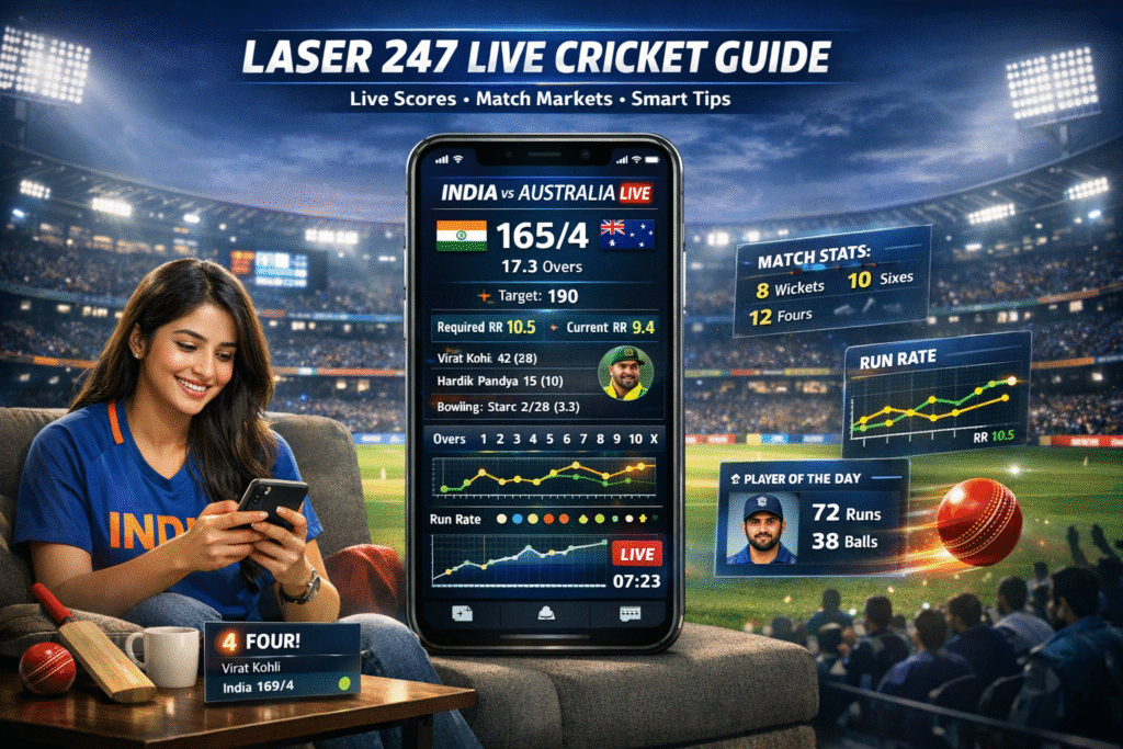 Laser 247 live cricket guide showing real-time scores, betting markets, and smart tips to help players make better cricket betting decisions online.