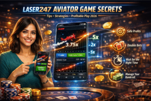 Laser247 Aviator Game Guide showing smart winning strategies for 2026 with rising multiplier graph, airplane icon, and online game dashboard for better profit planning.