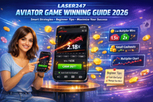 Laser247 Aviator Guide 2026 showing beginners learning smart Aviator strategies, online betting dashboard, rising multiplier graph, and mobile gameplay interface.