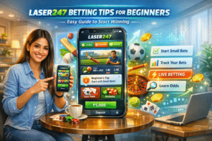 Laser247 betting tips for beginners showing a user using a mobile phone for online betting with a cricket match background, representing an easy guide to start winning on Laser247.