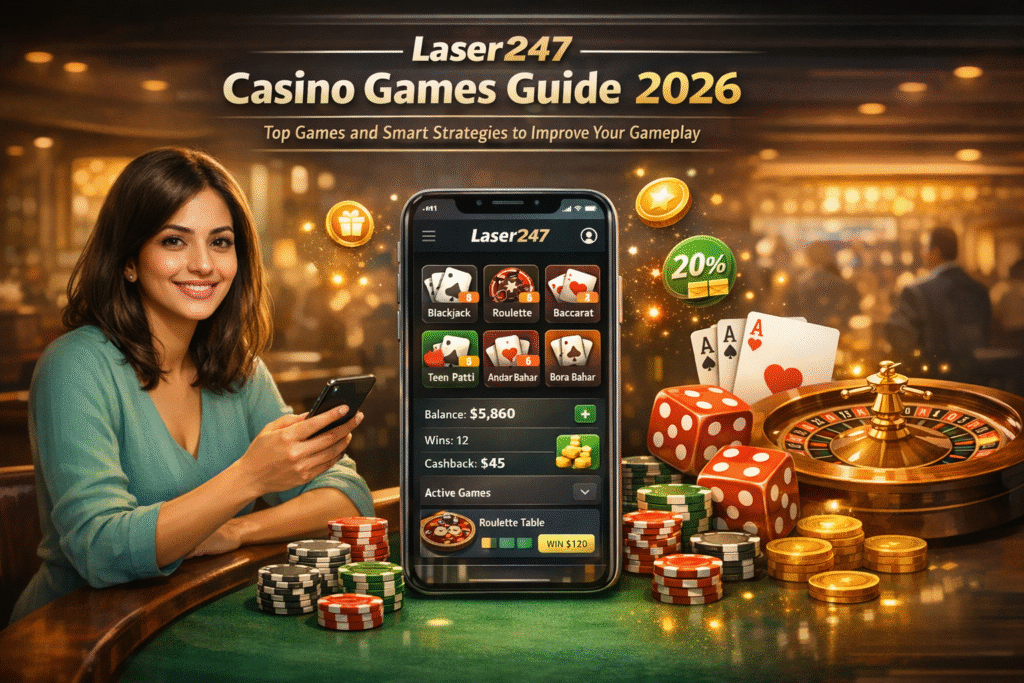 Laser247 Casino Games Guide 2026 showing top online casino games, gameplay interface, and smart strategies to improve gameplay and win rates on the Laser247 platform.