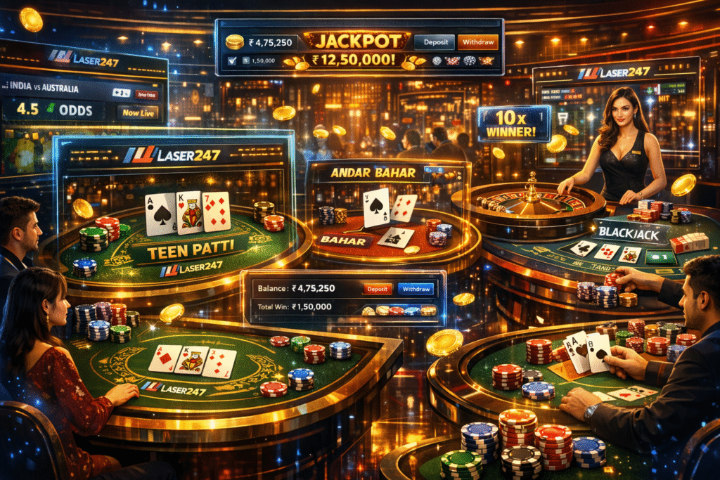 Laser247 casino games review showing Teen Patti, Andar Bahar, and Roulette gameplay with a complete guide to popular online casino games on Laser247.