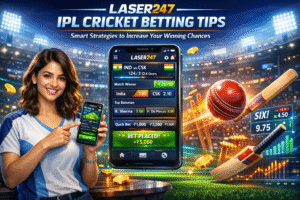 Laser247 IPL cricket betting tips guide with smart strategies to increase winning chances, featuring cricket imagery and analytics insights.