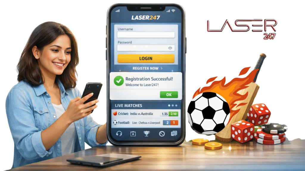 Illustration of Laser247 Exchange strategy guide showing cricket match analytics, betting dashboard on smartphone, and smart tips for improving winning strategies on the Laser247 platform.