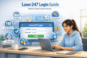 Illustration of Laser247 login process showing step-by-step secure account access on mobile and desktop devices.