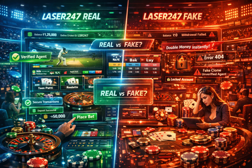 Laser247 real or fake review guide showing platform dashboard, account verification process, and safety check details before signing up
