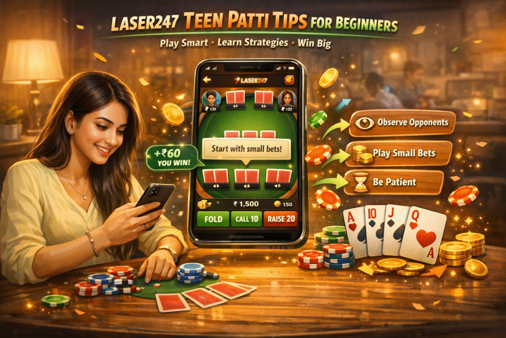 Laser247 Teen Patti Tips for Beginners – player holding cards confidently while playing Teen Patti online on Laser247 platform, showing smart strategies to play smart and win big.