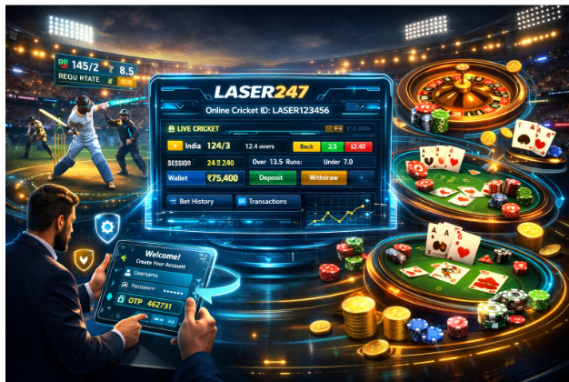 Illustration of Laser247 online cricket ID registration process showing step-by-step safe signup, account verification, and secure dashboard access guide.
