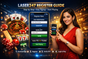 Laser247 register process with mobile signup and OTP verification steps.