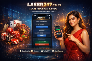 Laser247 club registration process with mobile signup and OTP verification.