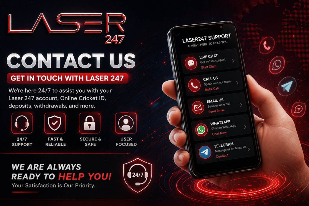 Laser247 Contact Us support banner showing 24/7 customer service options including live chat, call, email, WhatsApp, and Telegram for Online Cricket ID and account assistance.